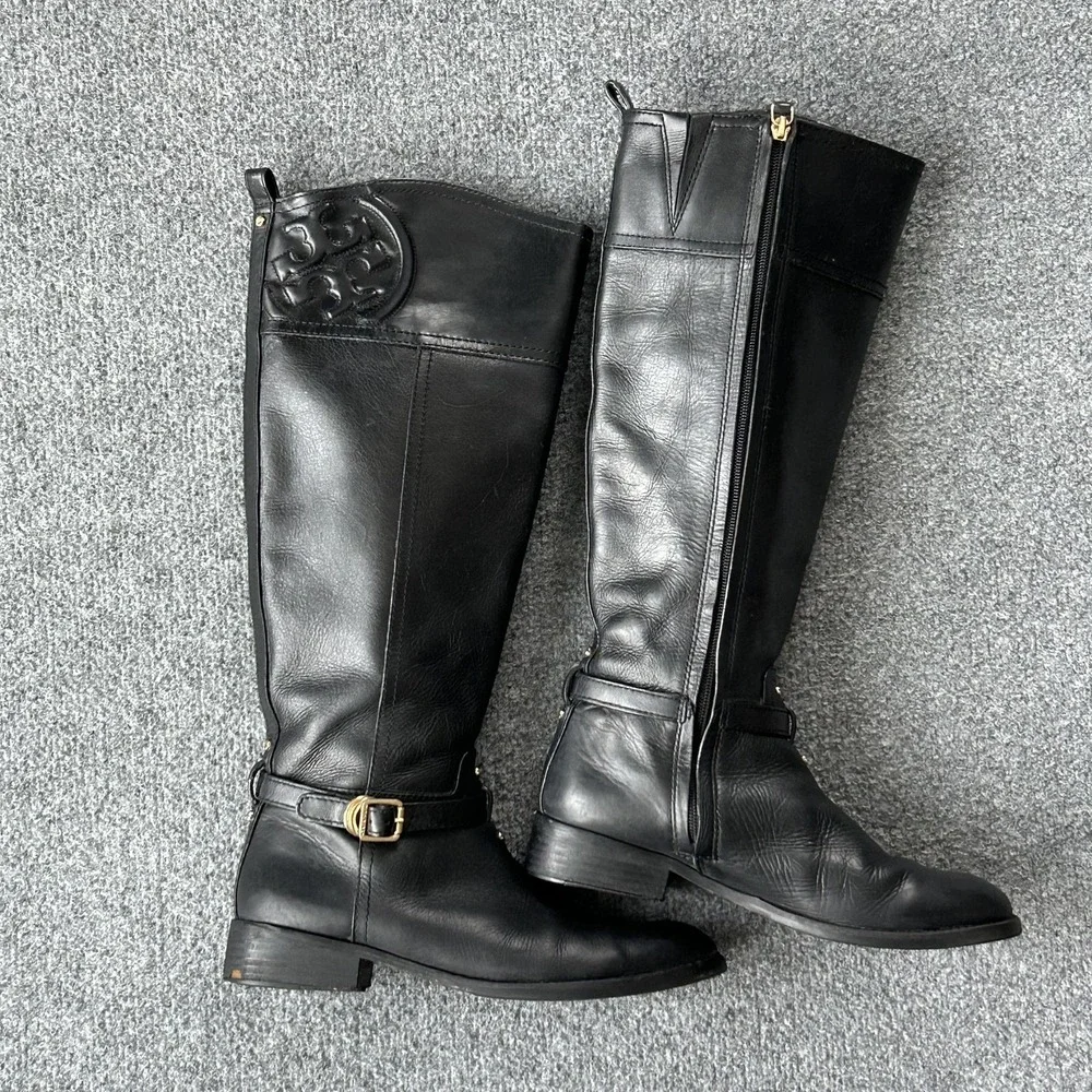 Tory Burch Riding Boots Womens Size 8M‎ Black Leather Knee High Logo Gold Buckle
